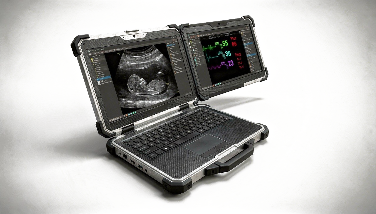 Carry On Clinic portable dual-screen medical workstation showing ultrasound and vital-sign monitoring